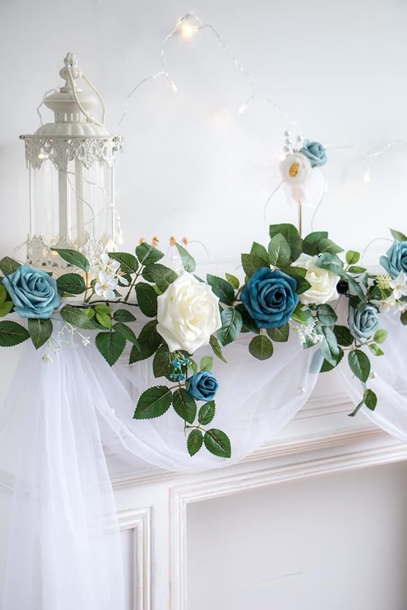 PONATIA 5FT Handcrafted Artificial Rose Flower Garland, Dusty Blue Flowers Greenery Garland for Wedding Ceremony Garlands Backdrop Arch Flowers, Ceremony Reception Table Decorations