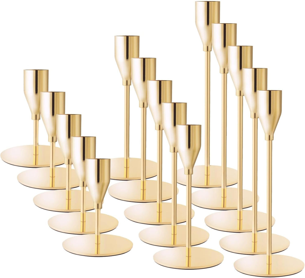 Gold Candlestick Holders, Metal Taper Candle Holders, Bulk Set of 15