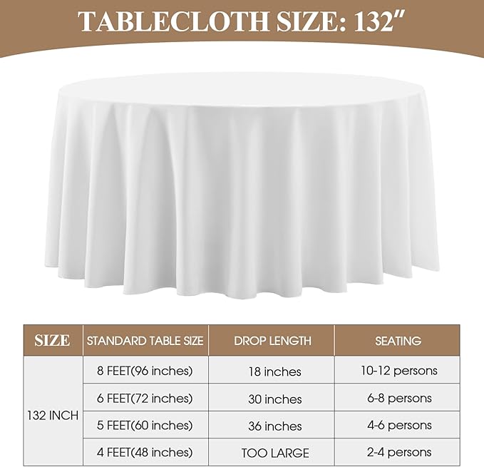 Round Tablecloth 132 Inch 8 Pack White Tablecloths Washable Decorative Linen Polyester Table Clothes Cover for Dining Table Banquets Buffet Parties and Wedding