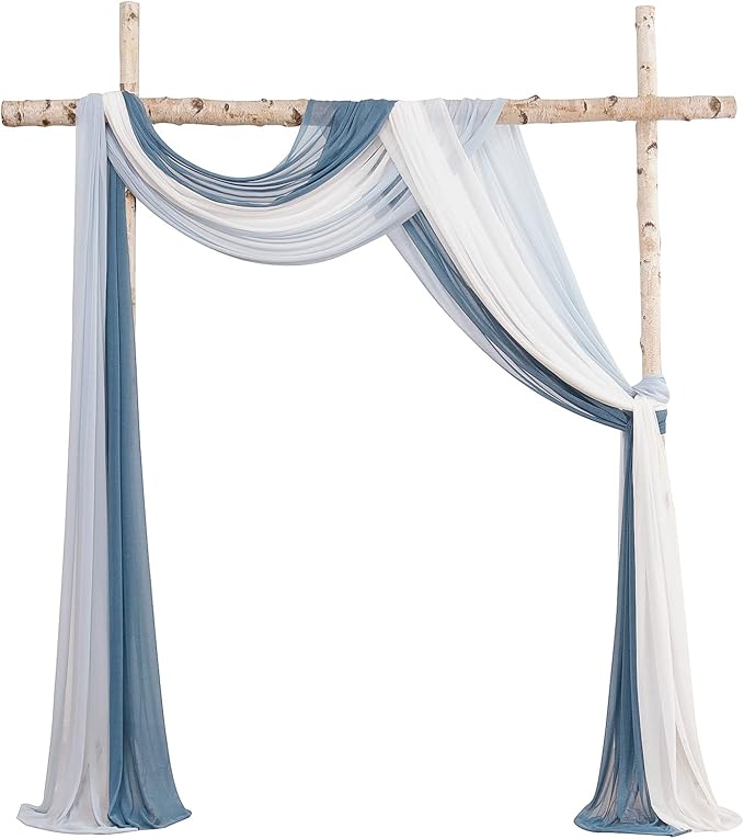 Floroom Wedding Arch Draping Fabric 3 Panels 20Ft Chiffon Fabric Drapes Arbor Drapery Wedding Ceremony Reception Swag Decorations (Dusty Blue +Powder Blue +White)