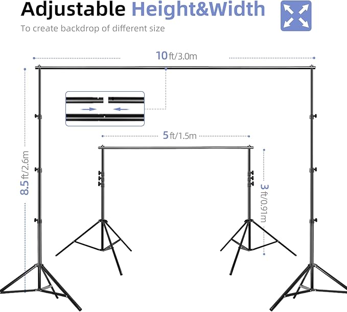 EMART Photo Video Studio Backdrop Stand Kit, 8.5x10ft Adjustable Photography Greenscreen Support System with 3 Polyester Backgrounds for Photoshoot (Black White Green) (3Pcs)