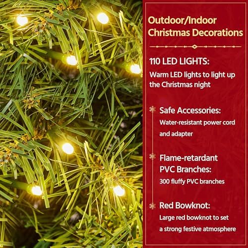 Yaheetech 30in Large Artificial Christmas Wreath, Pre-lit Holiday Accent Decoration with Red Bow, 110 LED Lights & 300 PVC Tips, Metal Structure for Door Wall & Mantel