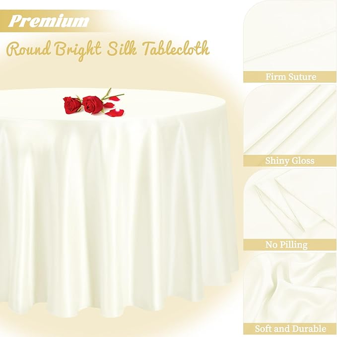 fani 12 Pack 120 Inch Ivory Satin Tablecloth - Premium Bright Silky Round Tablecloth Overlay Smooth Fabric Table Cover, Table Decoration for Wedding Party Banquet Events Restaurant Kitchen Dining