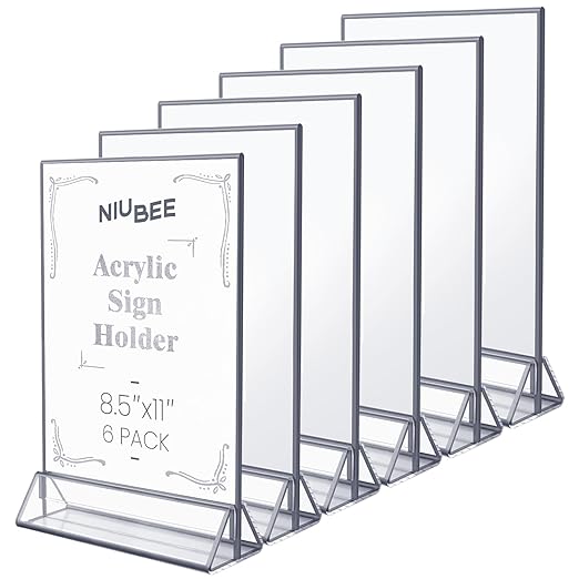 NIUBEE 6Pack 8.5x11 Clear Acrylic Sign Holder with Sliver Borders and Vertical Stand, Double Sided Table Menu Holders Picture Frames for Wedding Table Numbers, Photos