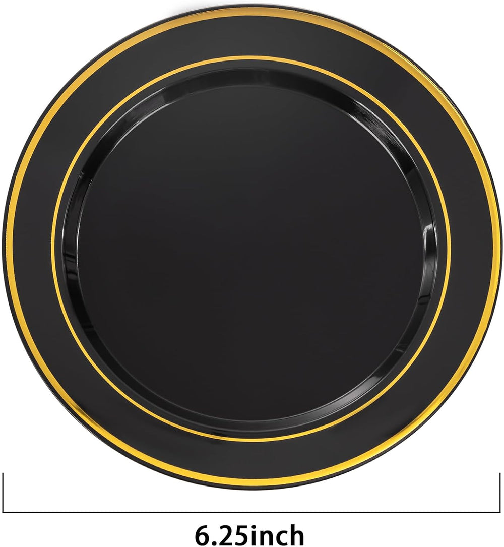 bUCLA 200PCS Black and Gold Plastic Plates - 6.25inch Black with Gold Rim Dis...