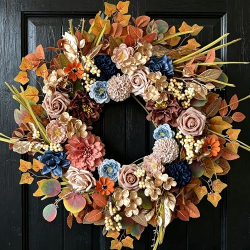 24" Fall Flowers Wreath with Eucalyptus Maple Leaves for Front Door