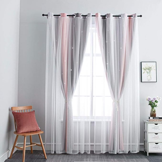 FANLI Ombre Rainbow Blackout Curtains for Kid Girls Bedroom Living Room Darking Stripe Double Layer Star Cut Out Wall Home Decor Gradient Grommet Window Curtains (Pink/Grey, 52W x 84L)