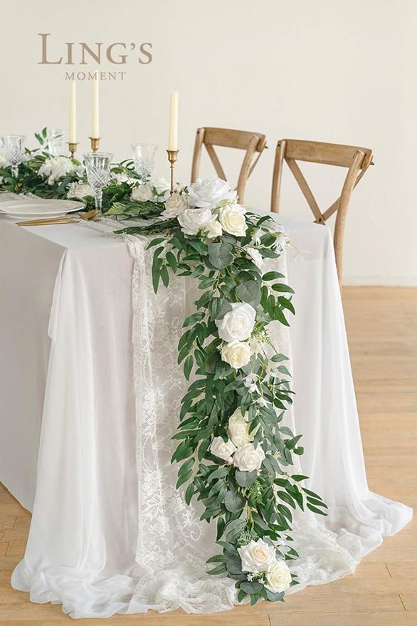 Ling's Moment Flower Garland - 6FT Eucalyptus & Rose - Sweetheart Table Decor for Wedding Reception, Artificial Floral Garland for Mantle, Spring Garden Ceremony, Christmas Decoration, Ivory White