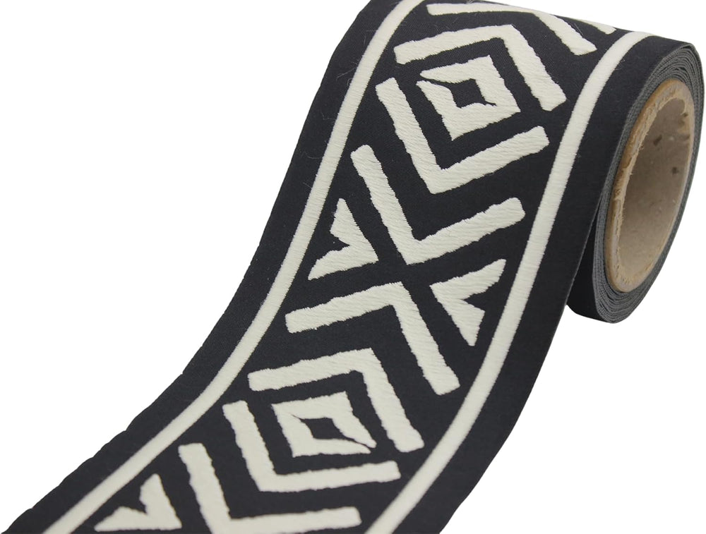 3.8 Yard Spool 3.93 inches White Black Geometric Embroidered Curtain Trim Jac...