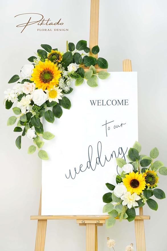 Wedding Decor (Pack of 2) Welcome Sign Flower Backdrop Garland for Ceremony Reception Wall Easel Home Decoration Entryway Faux Outdoor Board Head Table Decor (Sunflower)