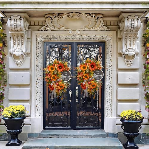 Fall Wreaths for Front Door 24 Inch Outside, Autumn Rustic Sunflower Wreath