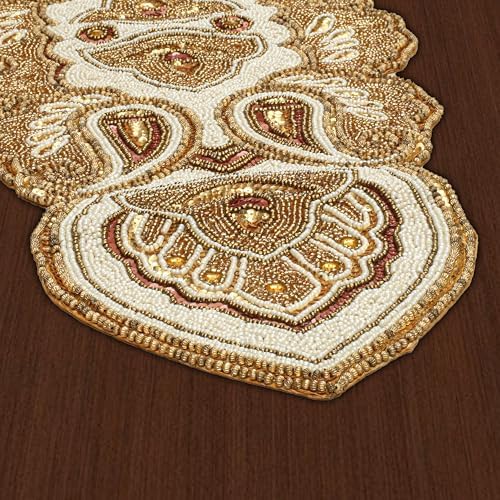 Lightnpro Beaded Christmas Table Runner, Fancy Handmade Decorative Embroidery Gold Runner for Christmas Xmas New Year Family Party Decoration - 13x36 Paisley Design