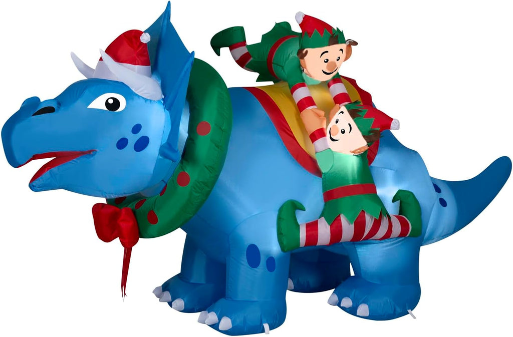 Gemmy Christmas Inflatable Triceratops with Elves, 4.5 ft Tall, Multi
