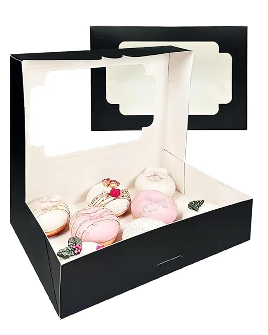 qiqee Auto-pop up Black Cookie Box with Window 12x8x2.5 inch 32 Packs Two Uses One Second Folding Pastry Biscuit Bakery Box for Packaging