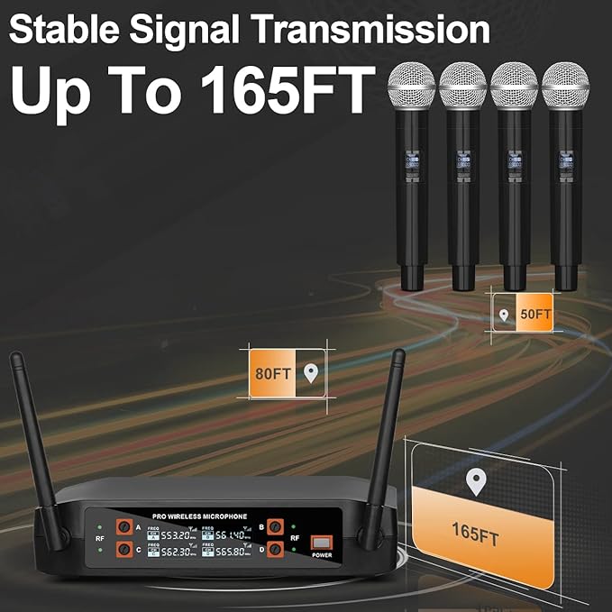 Depusheng DX4 Wireless Microphone, Professional 4 Channels Karaoke Handheld System for Home Karaoke, Meeting, Party, Church, DJ, Wedding, Home KTV Set