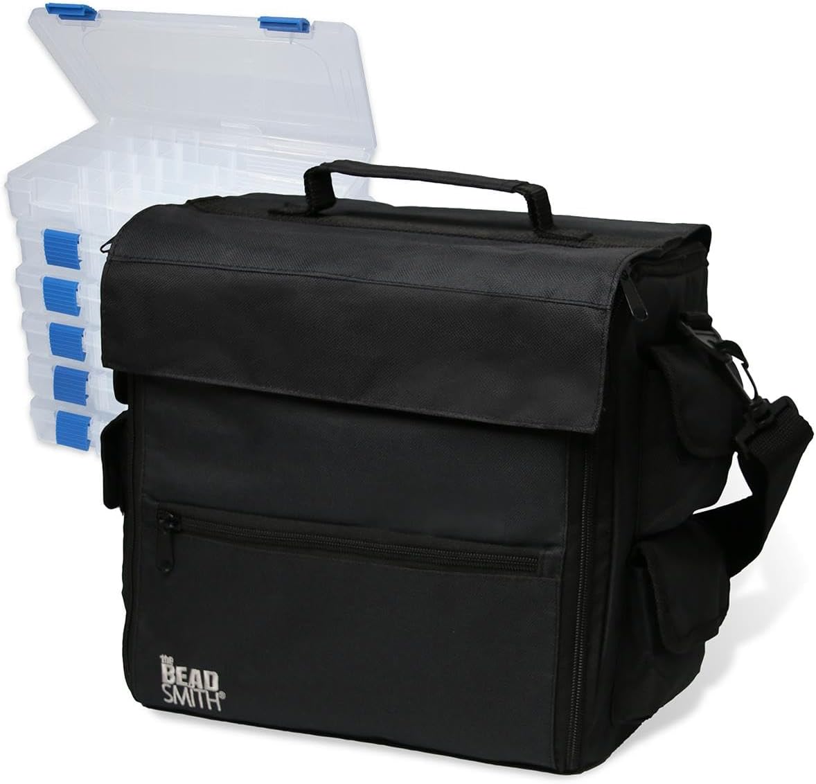 The Beadsmith Keeper Traveler - 13" x 7.5" x 11.5" - Includes 6 Organizer Boxes, Zip Front Tote Bag with Carrying Handle & Removable Adjustable Strap - Portable Storage System for Beads & Supplies