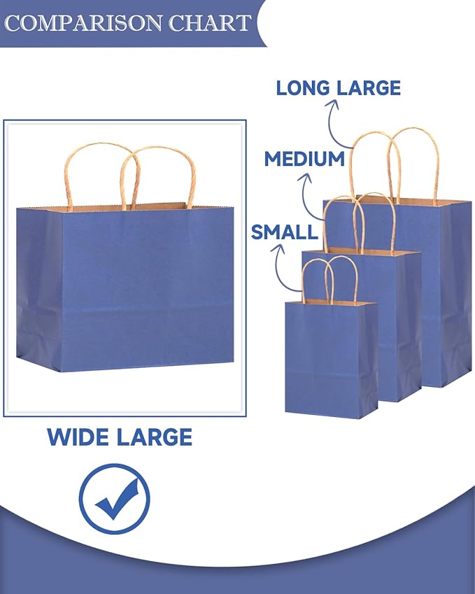 qiqee 100PCS Large Gift Bag with Handles Bulk 13"x4.5"x10" Gift Bags Kraft Deep Blue Multiple Uses (32x11x25cm,Wide Large)