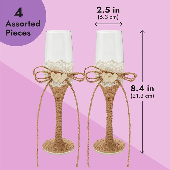 Juvale Wedding Decor Rustic Cake Knife & Server Set with Champagne Flutes - Brown Wood Handles, 13.2in Knife & 11in Server, 7.1oz Flutes - Rustic Wedding Decorations