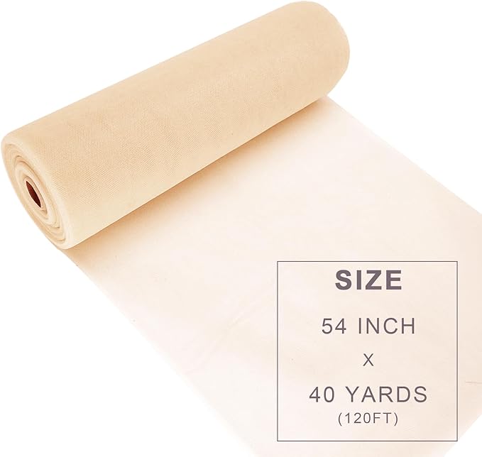 Beige Tulle Fabric Roll Spool Bolt (54 Inch by 40 Yards) Large Tulle Wedding Party Decoration, Tutu Skirt, Table Runner, Gift Wrapping, Bridal Shower, Soft & Drape (Beige)