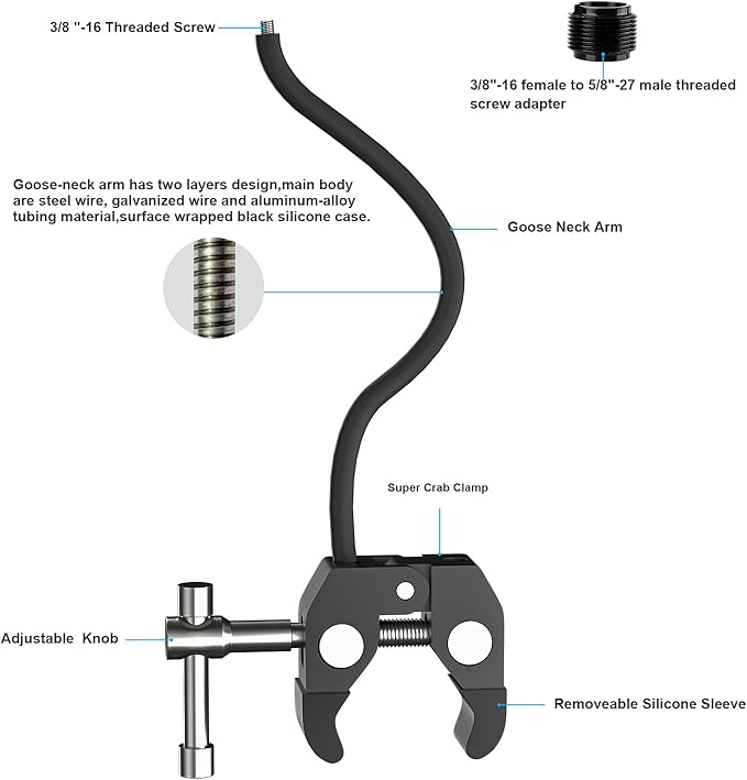 Gooseneck Microphone Stand,19.69" Flexible Adjustable Arm Super Crab Clamp Mic Clip 3/8"-16 to 5/8"-27 Adapter Mount,Compatible with Shure/Fifine / AT2020 / Pyle/Blue Snowball/Razer