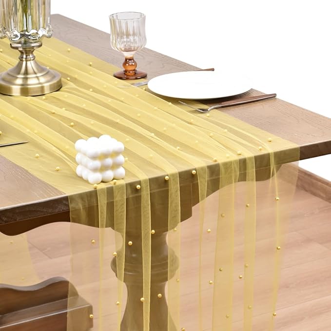 Joanlody Fall Pearl Table Runner 10ft Rustic Boho Tulle Table Runner with Pearls for Baby Shower Wedding Party Veil Dessert Thanksgiving Table Decor Yellow 4pcs