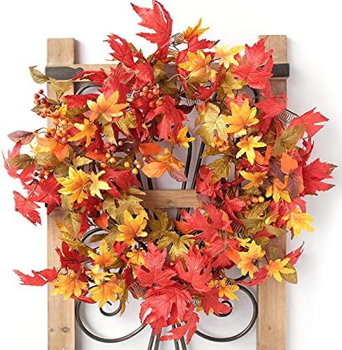 Idyllic 20 Inch Fall Wreath for Front Door - Maple Leaves Autumn Wreath for Thanksgiving, Halloween, Wall, Front Porch Home Decoration
