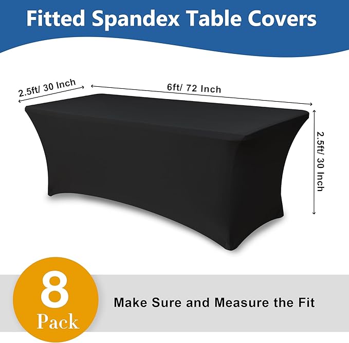 Table Cloths for 6 Foot Rectangle Tables-8 Pack Black Fitted Stretch Table Cover-Spandex Elastic 6ft Folding Tablecloth for Party Vendor Booth Display Banquet Buffet Event Craft Trade Show