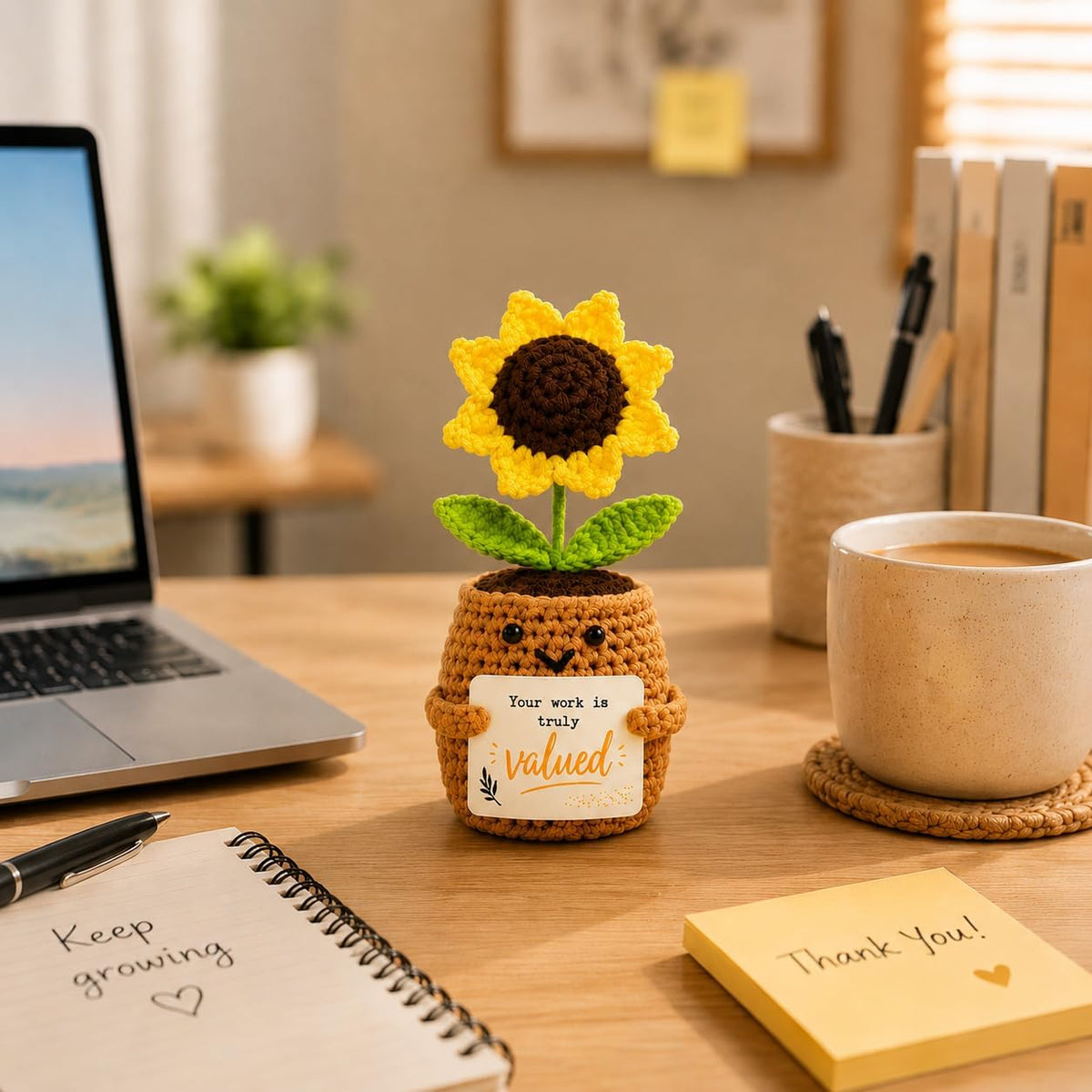 Handmade Positive Sunflower Crochet with Cards - Appreciation Gift for Coworkers, Teachers, Nurses and Friends - Desk Decor (6 Pack)