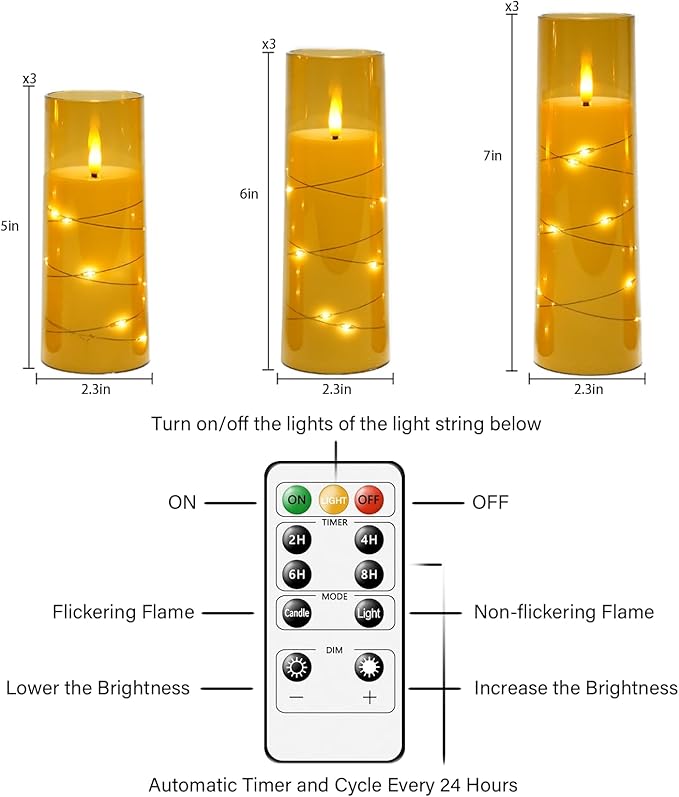 Flameless LED Candles with Timer 9 Pc Flickering Flameless Candles for Romantic Ambiance and Home Decoration Stable Acrylic Shell,with Embedded Star String，Battery Operated Candles（Gold）