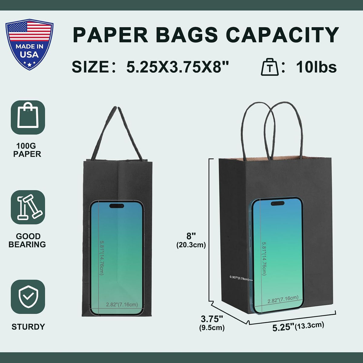 metronic kraft paper gift bags with handles 5.25x3.75x8, close-up detail