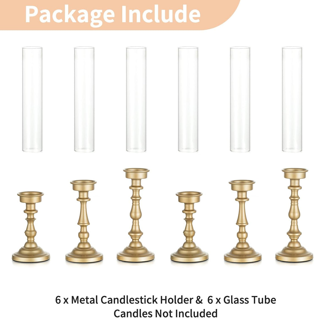 NUPTIO Hurricane Candle Holders, Set of 6 Gold Taper Holders with Glass