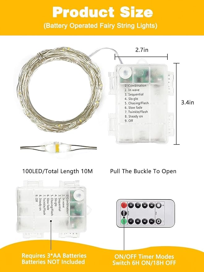 6 Pack Each 33FT 100LED Fairy Lights Battery Operated with Remote, Waterproof Twinkle Lights with Timer, Cuttable String Light Indoor & Outdoor for Bedroom Classroom Wedding DIY Christmas (Warm White)