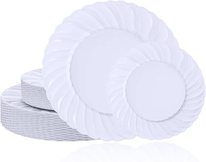 U-QE 60 Pcs White Plastic Plates for Party – Scalloped Plastic Plates Heavy Duty & Elegant – Include 30 10.25" Dinner & 30 7.25" Dessert Plate - Perfect for Weddings, Bridal Showers and Parties