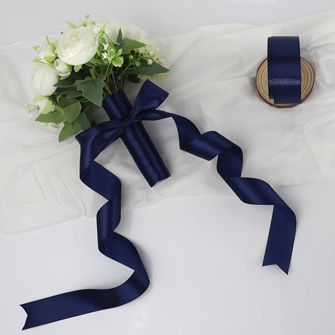 Deep Blue Solid Satin Ribbon 1-1/2 Inch 50 Yards Solid Polyester Fabric Ribbon for Gift Wrapping Wedding Christmas Baby Shower Birthday Party Decoration Handmade Immortal Flower Craft
