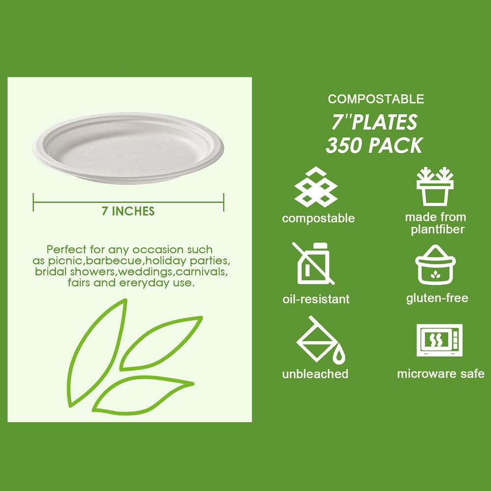 Vplus 350 Pack Compostable Bagasse Paper Plates 6.9 inch, White
