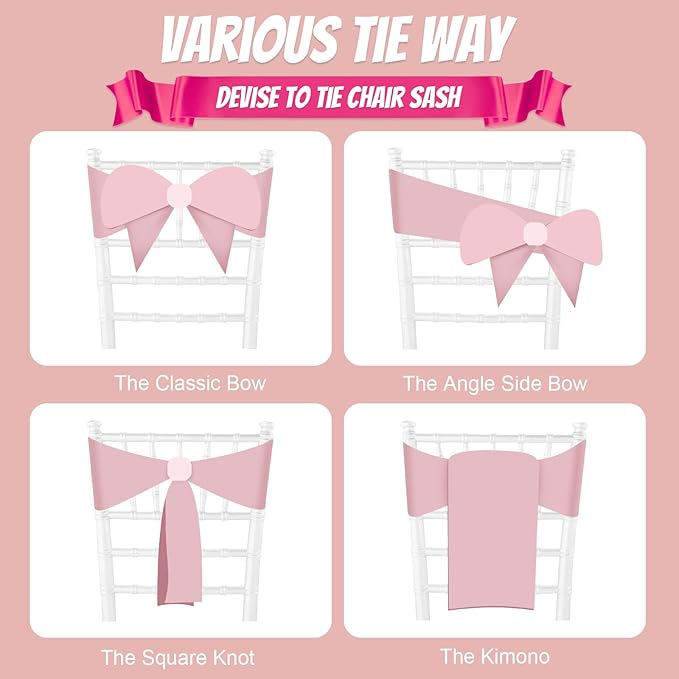 50 PCS Pink Satin Chair Sashes Bows Universal Chair Ribbon Ties Back Sash for Wedding Party Reception Events Banquets Hotel Event Chair Cover Decoration (7x108 inch)