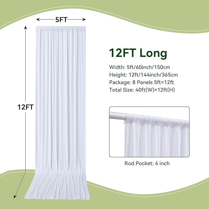 40×12ft White Wrinkle Free Backdrop Curtain, Soft Silky Easy to Drape Wedding Drapes for Backdrop, 8 Panels 12 ft Long Backdrop Curtains for Parties Birthday Baby Shower Photo Photography Background