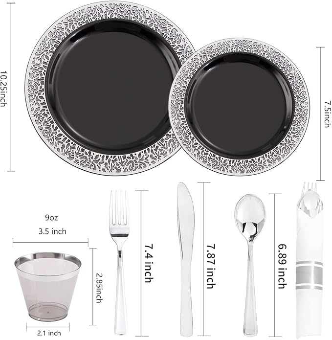 NOCCUR 210PCS Black and Silver Dinnerware Set for 30 Guests - Black Plastic Plates with Silver Rim Include 30 Dinner / 30 Dessert Plates, 30 Prewrapped Silverware, 30 Cups Ideal for Party, Halloween