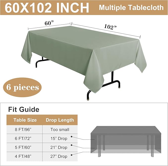 sancua 6 Pack Sage Green Tablecloth 60 x 102 Inch, Rectangle Table Cloth for 6 Feet Tables - Stain and Wrinkle Resistant Washable Polyester Table Cover for Dining Tables, Buffet Parties and Camping (2 Pack)