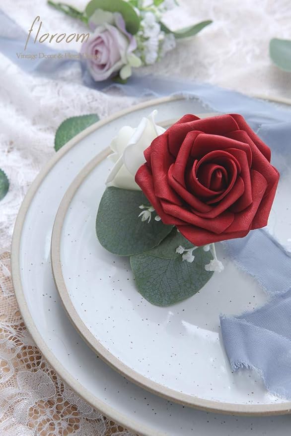 Floroom Artificial Flowers 50pcs Real Looking Dark Red Foam Fake Roses with Stems for DIY Wedding Bouquets Bridal Shower Centerpieces Floral Arrangements Party Tables Home Decorations