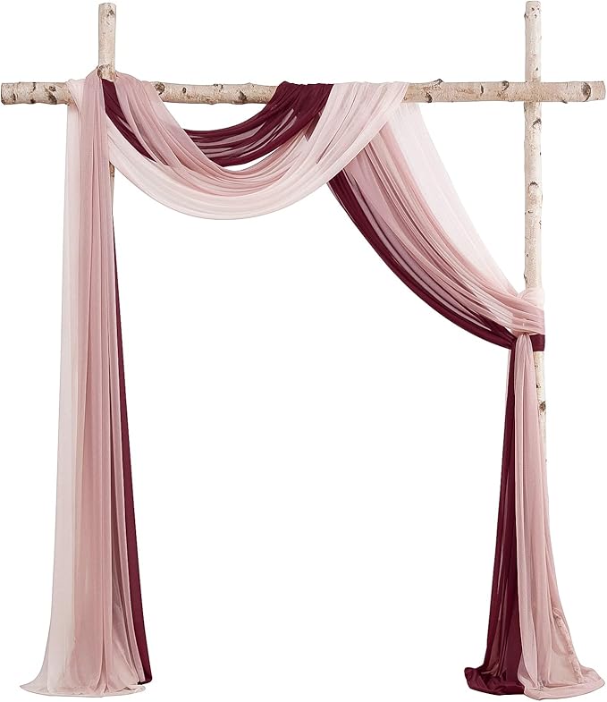Floroom Wedding Arch Draping Fabric 3 Panels 20Ft Chiffon Fabric Drapes Arbor Drapery Wedding Ceremony Reception Swag Decorations (Burgundy +Dusty Rose +Blush)