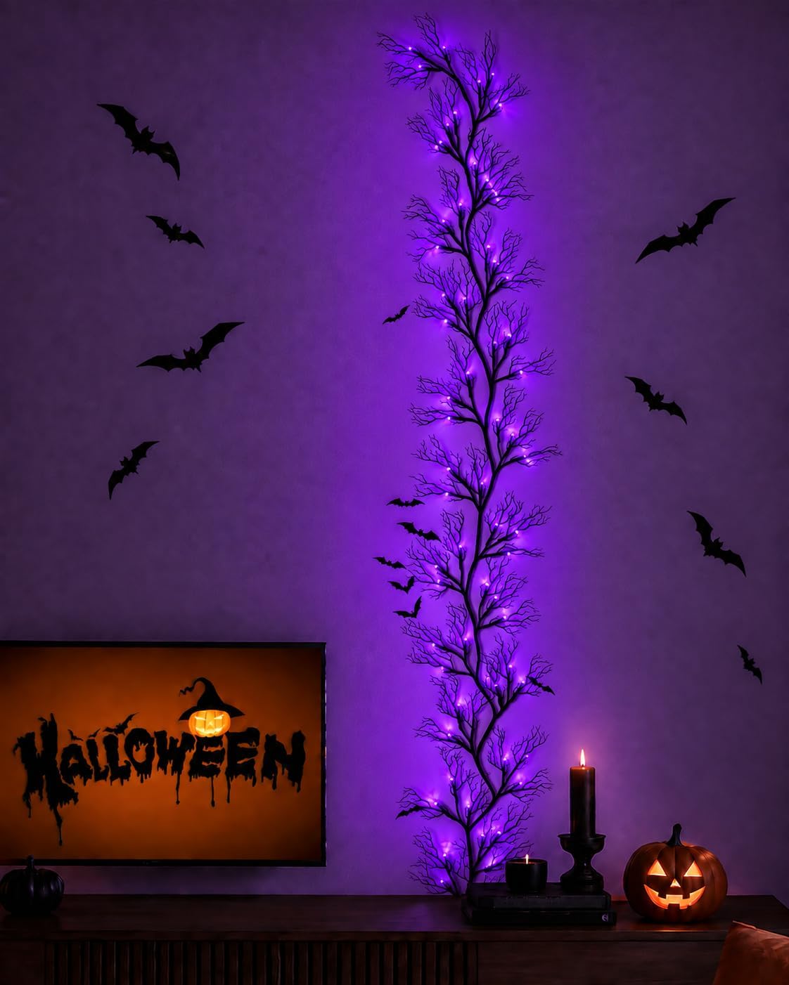 9 FT Halloween Twig Garland Decoration with 45 Purple LED Lights