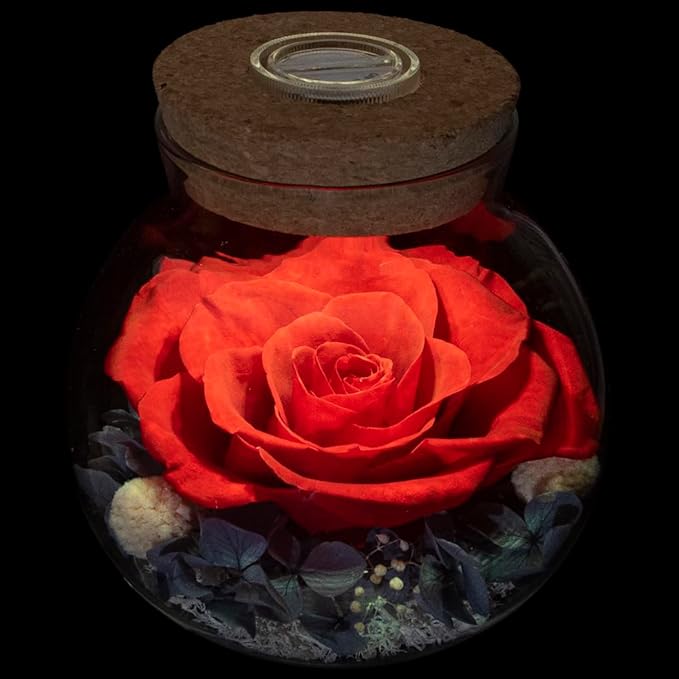 Preserved Real Roses with Colorful Mood Light Wishing Bottle, Eternal Rose，Never Withered Flowers, Table Decor,Christmas Anniversary Valentine's, Red 4.3inch, 1pcs