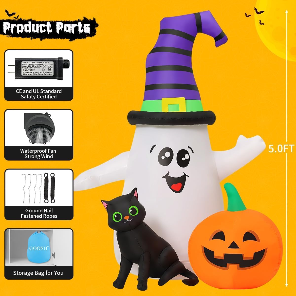 goosh 5ft inflatable halloween cute ghost with the showing dimensions