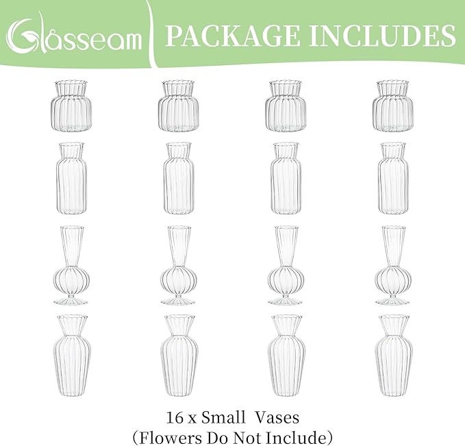 Modern Clear Glass Bud Vase Bulk Set: Glasseam 16Pcs Small Mini Flower Centerpieces Vases Handmade Decorative Cute Short Window Corner Home Decor for Wedding Reception Dining Table Single Rose