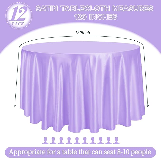 fani 12 Pack 120 Inch Lavender Satin Tablecloth - Silky Round Tablecloth Overlay Smooth Fabric Table Cover, Bright Table Decoration for Wedding Party Banquet Events Restaurant Kitchen Dining