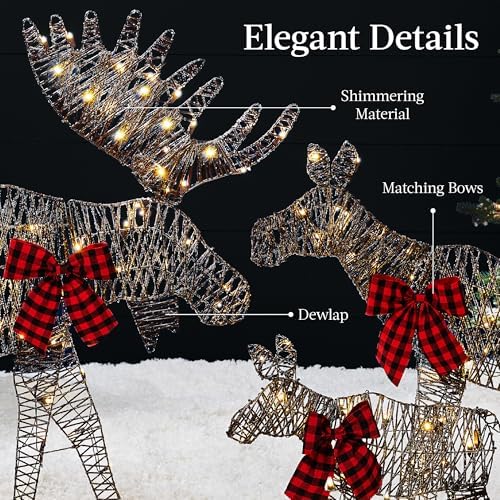 Best Choice Products 2D Moose Family Outdoor 3pc Christmas Yard Décor, 4ft Lighted Set Prelit All-Weather w/ 195 LEDs, Ground Stakes - Rattan