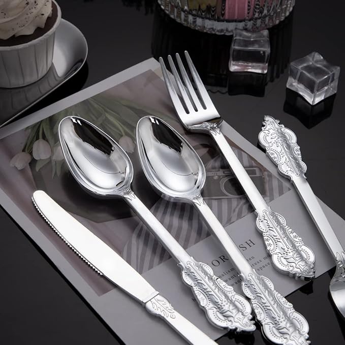 WDF 200 Pieces Silver Plastic Silverware Disposable - 50Guests Silverware Plastic Cutlery - Disposable Utensils Includes 100 Forks, 50 Spoons, 50 Knives Perfect for Christmas Wedding or Party