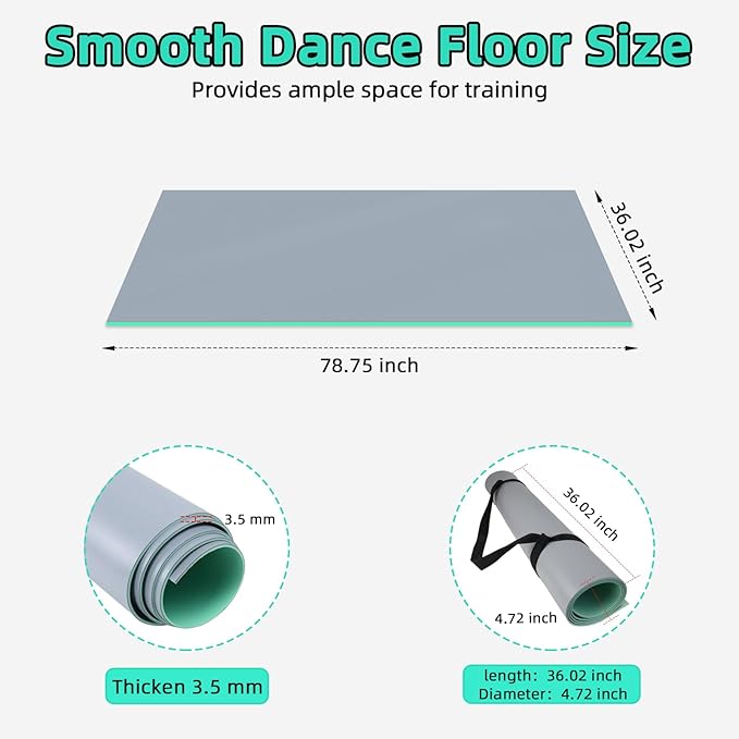 Dance Floor Mat Non-Slip with Shoulder Strap Portable and Dance Resistance Band, Dance Floor for Ballet,Jazz, Pop Thick PVC Practice Floor Reusable Mat (Gray-Green, 180cm*91.5cm*0.35cm)