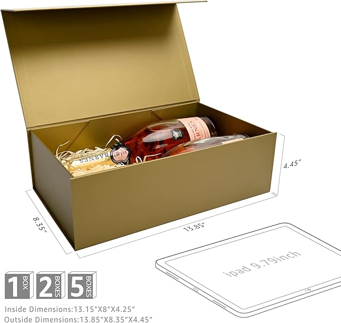 LIFELUM Empty Gift Boxes 2 Pack 13.85 x 8.35 x 4.45 inch Rectangle Collapsible Box with Magnetic Lid and Ribbon,Card,Shredded Paper Filler